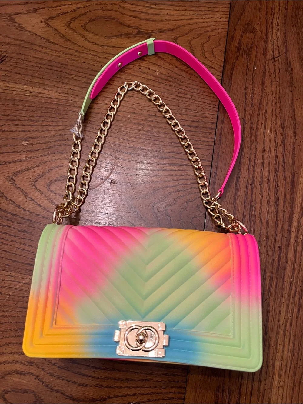 Rainbow Gradient Quilted Jelly Crossbody Bag with Gold Chain